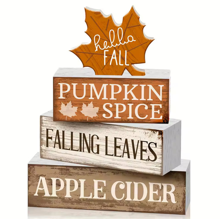 4pcs Wooden Fall Tabletop Decor Maple Leaf Tiered Trays, Rustic Farmhouse Autumn Centerpiece with Block Signs, Christmas Decor